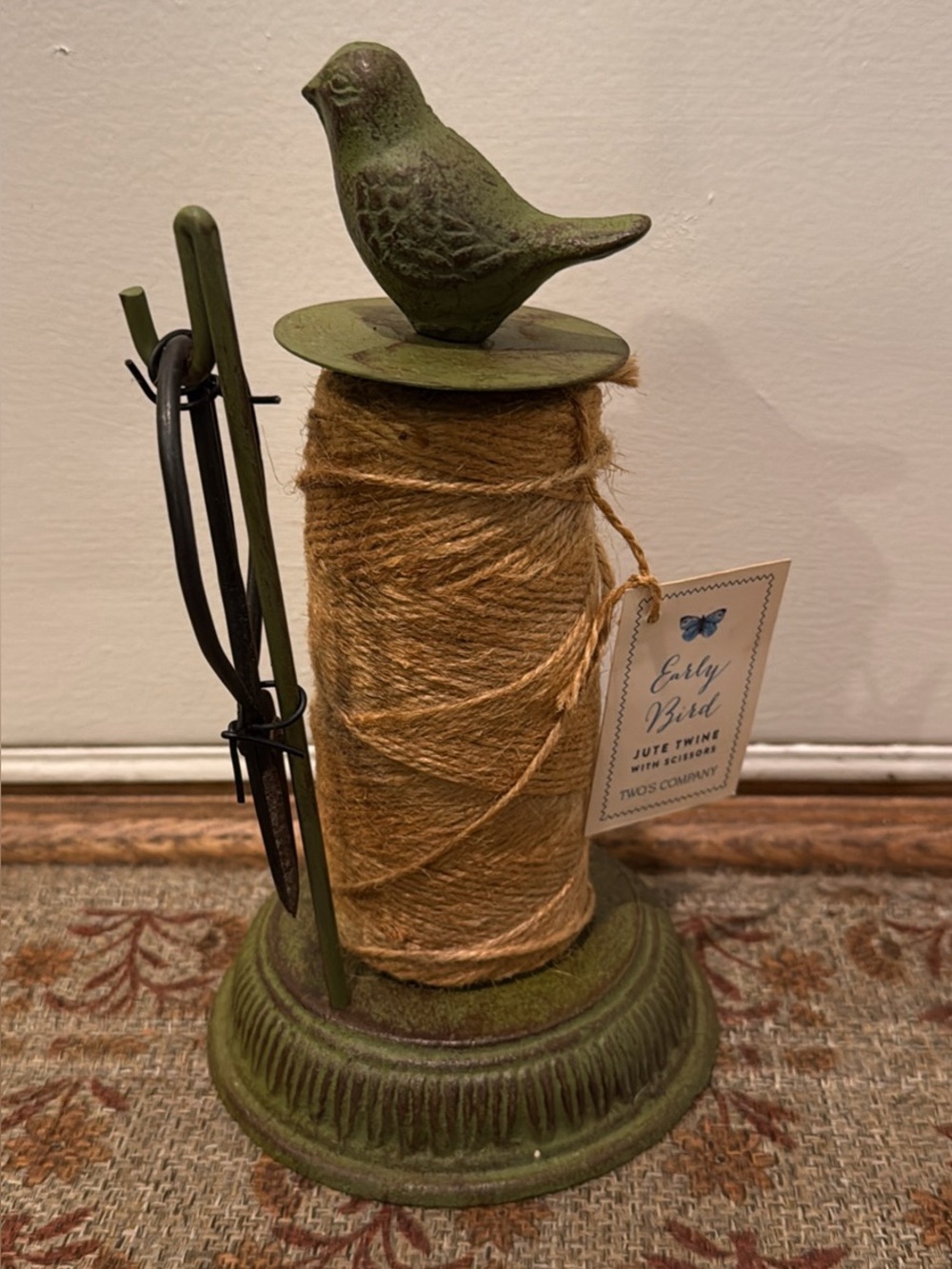 NEW Two’s Company Green Bird Cast Iron Jute Twine Spool Holder with Scissors